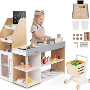 HONEY JOY Kids Grocery Store Playset, Wooden Grocery Store Pretend Play w/Cart, Cash Register Stand w/Coins, Chalkboard, Toddler Supermarket Play Toy for Boys Girls(Play Food Not Included)