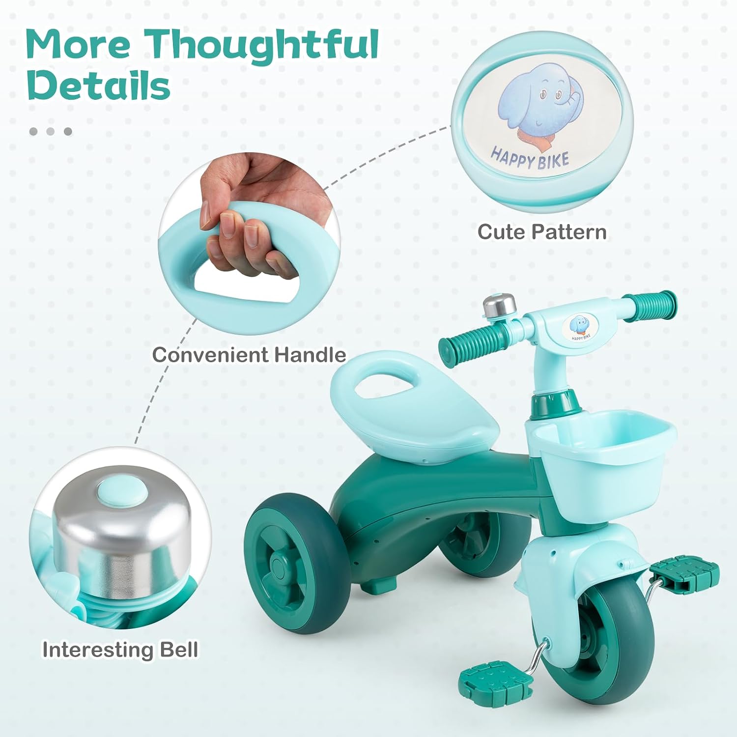 BABY JOY Toddler Bike, Kids Tricycle with Front & Rear Storage Basket, Ergonomic Seat, Non-Slip Handle and Fun Bell, Children Trike for Boys Girls Indoor Outdoor Play (Green) - Image 5