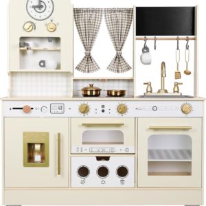 EDUBEBO Kids Kitchen playset, Wooden Play Kitchen, Height Adjustable, Comes with Various Kitchen Accessories, Ideal Role Play Toy Gift for Toddlers and Kids Ages 3-8 (White)
