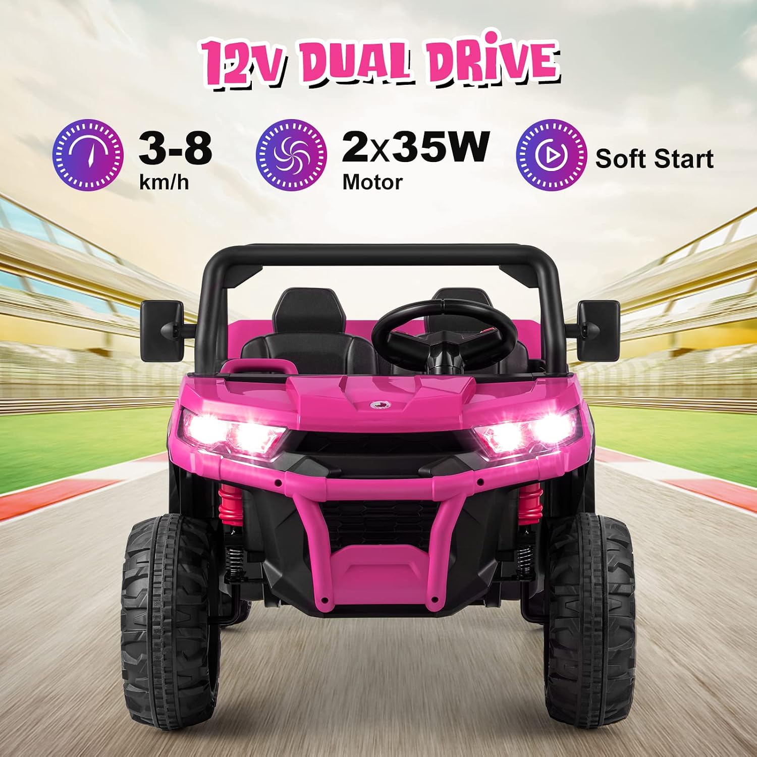 OLAKIDS 2 Seater Ride On Car, 12V Off-Road UTV Electric Vehicle with Remote Control, Dump Bed, Extra Shovel, Music, USB, AUX, Rocking Function, Kids Toddlers Battery Powered Truck (Rose) - Image 3