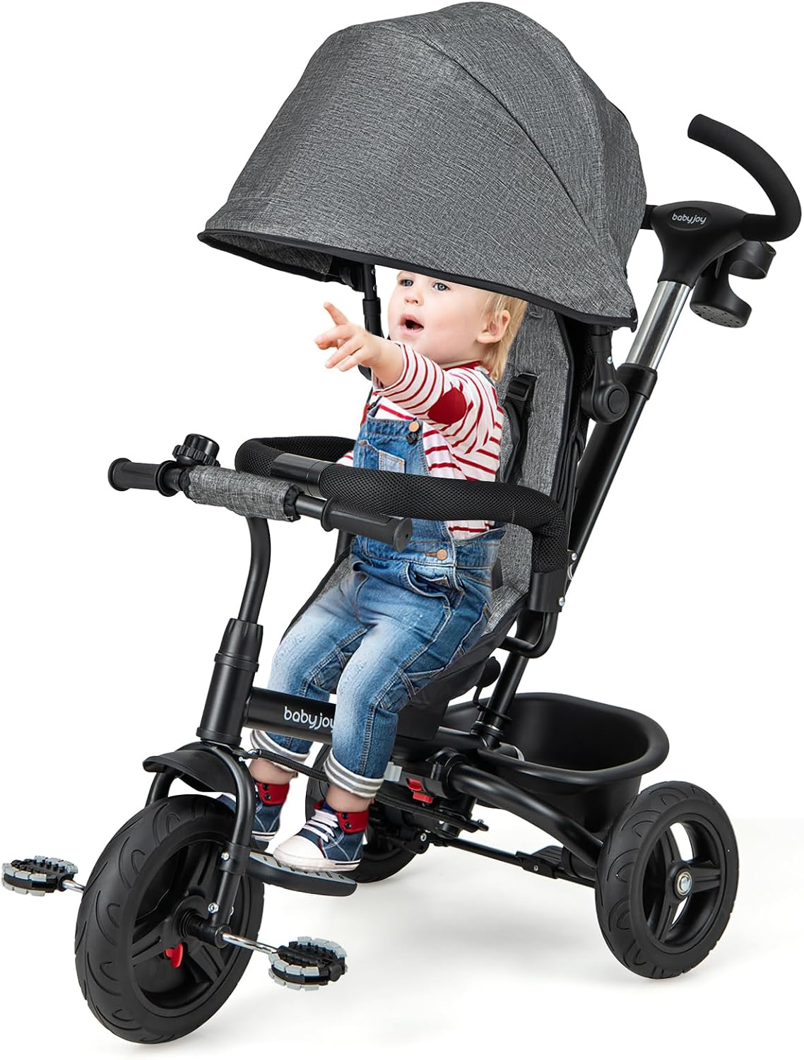 BABY JOY Tricycle, 6 in 1 Trike for Toddler w/Reversible Seat, Adjustable Canopy & Parent Handle, 5-Point Safety Belt, PU Wheels and Storage Basket, Push Tricycle for 9-60 Months (Gray) - Image 9