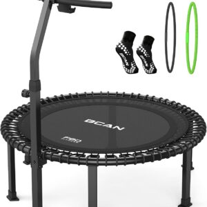 BCAN BT4 38/40/48″ Soft Land Pro Adult Bungee Rebounder Trampoline, 500lb Capacity, Adjustable Tension Bungees, One-Piece Frame, Quiet Indoor Cardio w/Handle,Phone Holder & 2 Pairs Socks| FED Fitness