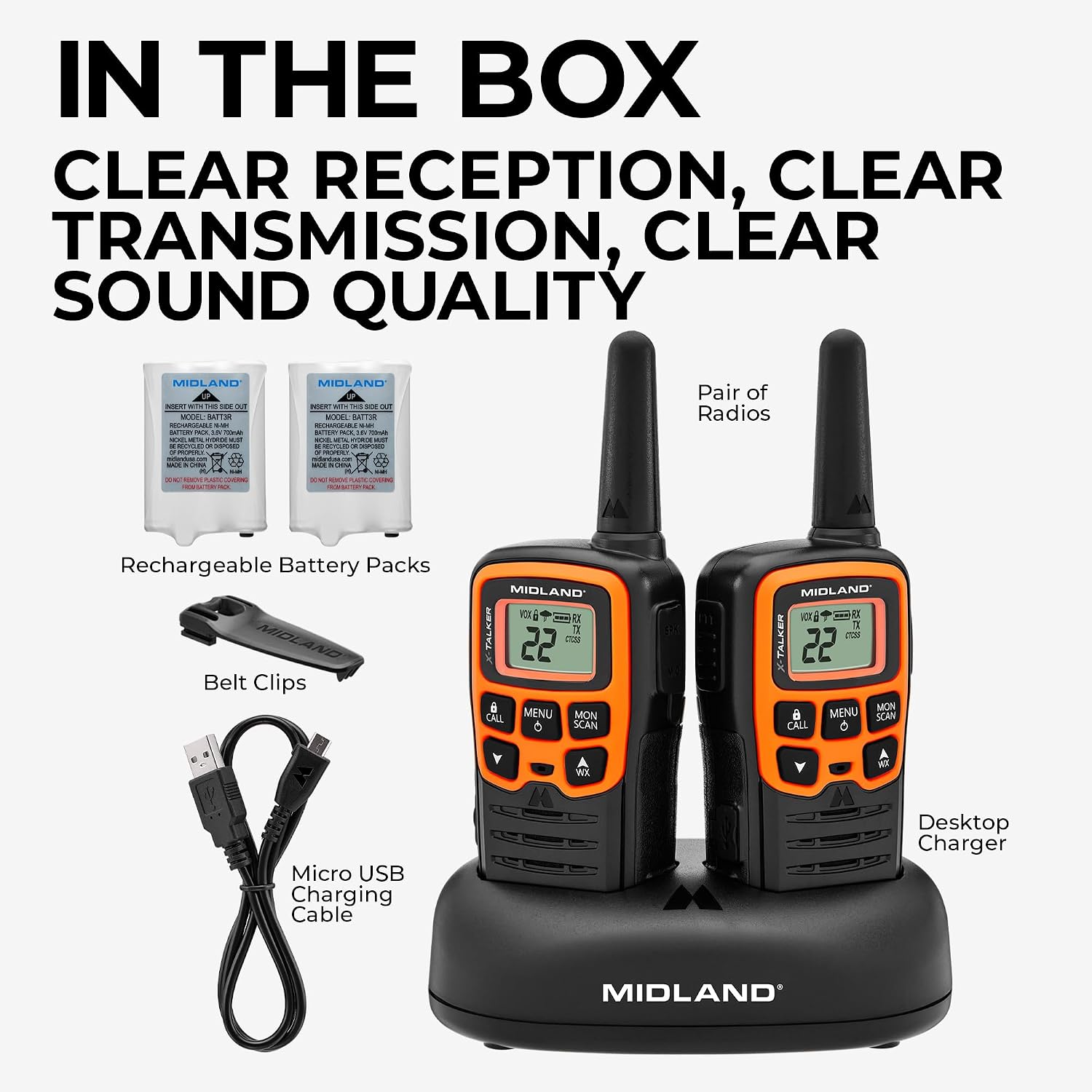 Midland- T51VP3 X-TALKER Spotting and Recovery Walkie-Talkie Long Range - FRS Two Way Radio for kids Caravanning with NOAA Weather Scan + Alert, 38 Privacy Codes - Black/Orange - 2 Pack - Image 8