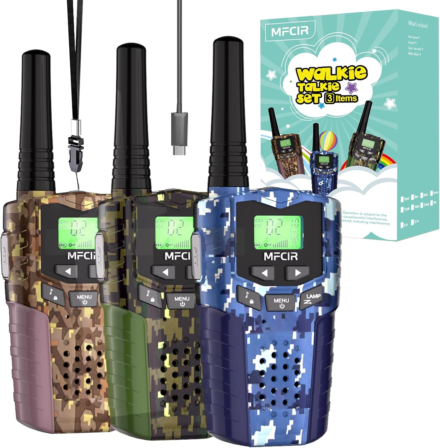 Rechargeable Kids Camouflage Walkie Talkies 3 Pack Long Range, 48H Work 7D Standby, LED Flashlight,Outdoor Camping Games Toys Gifts for 3-12 Year Old,Ideal Birthday for Boys & Girls