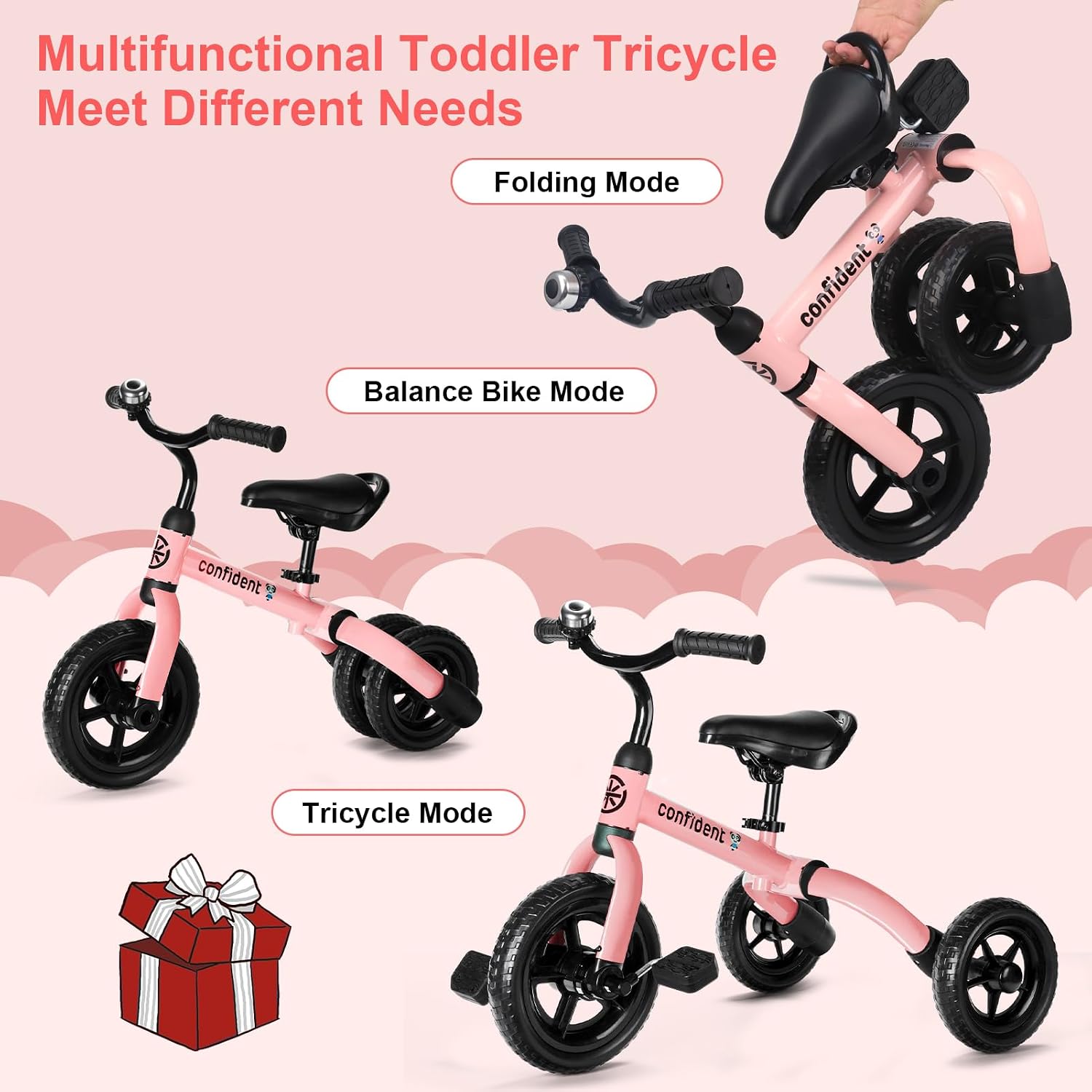 XPIY Tricycle for Toddlers Age 2 to 4 Years Old, 3 in 1 Folding Toddler Bike for Boys and Girls, Kids' Bike Trike with Detachable Pedal and Adjustable Seat Light Pink - Image 2
