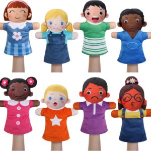 Poen 8 Pcs Hand Puppets Set for Kids Multicultural Hand Puppets Bulk Soft Plush for Toddlers Learning Interaction Suitable for Home Daycare School Classroom Role Play Fantoccini Theater Shows(Feeling)