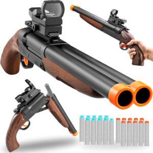 Double Barrel Toy Shotgun with Soft Bullets – Realistic Foam Blaster Gun for Kids, Sniper Rifle with Scope & Safe Rubber Bullets – Boys Outdoor Toys for Ages 6-12 (Brown)