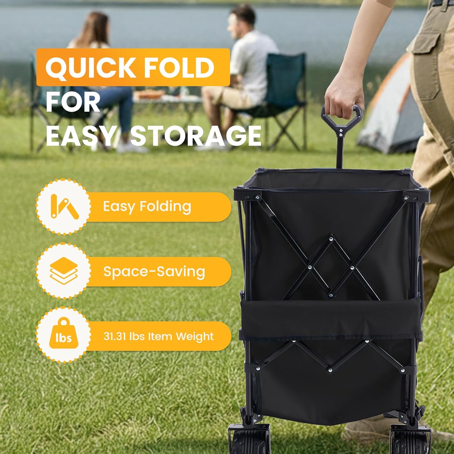 NEWBULIG Large Capacity Folding Double Decker Wagon with Brakes, 440lbs Wagons Carts Foldable Wagon Cart with Flexible Handle, All-Terrain Big Wheels for Grocery Sports Garden Camping - Image 2