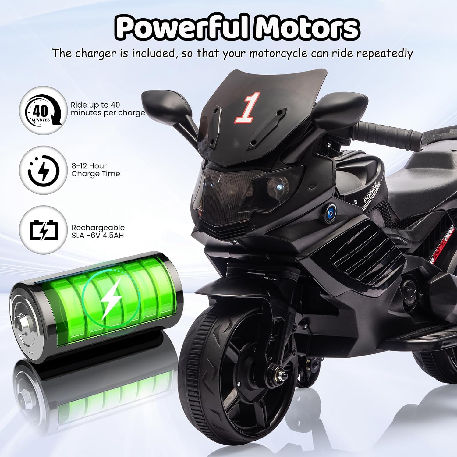 Kids Ride On Motorcycle, 6V Battery Powered Electric Motorcycle, w/Treaded Tires, Horn, Working Headlight, Music, Training Wheels, Stable Ride On Toys for Kids Toddler Boys Girls 3-6, Black - Image 3