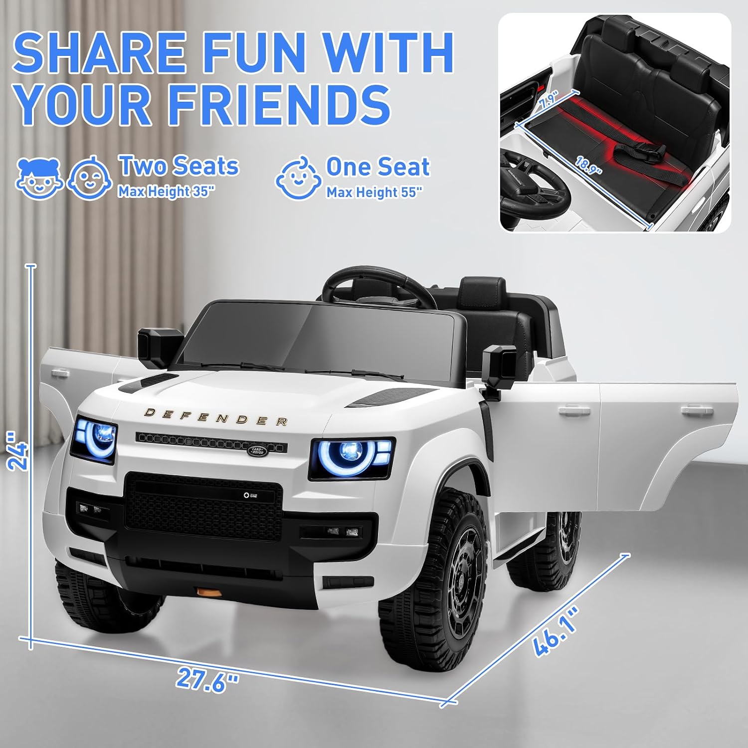 MINIATURE MOTORS 24V Ride on Toys for Big Kids, 2-Seater Toddlers Licensed Electric Car Remote Control, 3.7mph Max Speed, Bluetooth Music, Shovel, Seat Belt, 4-Wheeler Suspension, Boy Girl Gift-White - Image 5