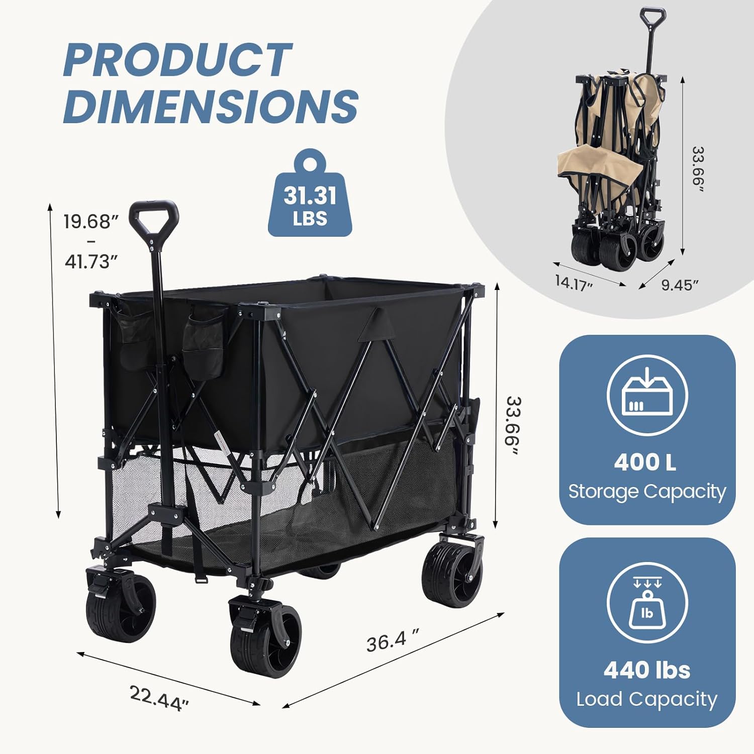 NEWBULIG Large Capacity Folding Double Decker Wagon with Brakes, 440lbs Wagons Carts Foldable Wagon Cart with Flexible Handle, All-Terrain Big Wheels for Grocery Sports Garden Camping - Image 5