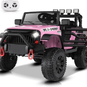Hikole 24V Ride on Toys for Big Kids with Remote Control, 4X4 400W Battery Powered Truck with Bluetooth, Music, LED Lights, Shock Springs, Safety Belt, Power Wheels 24 Volt for Boys Girls 3-5, Pink