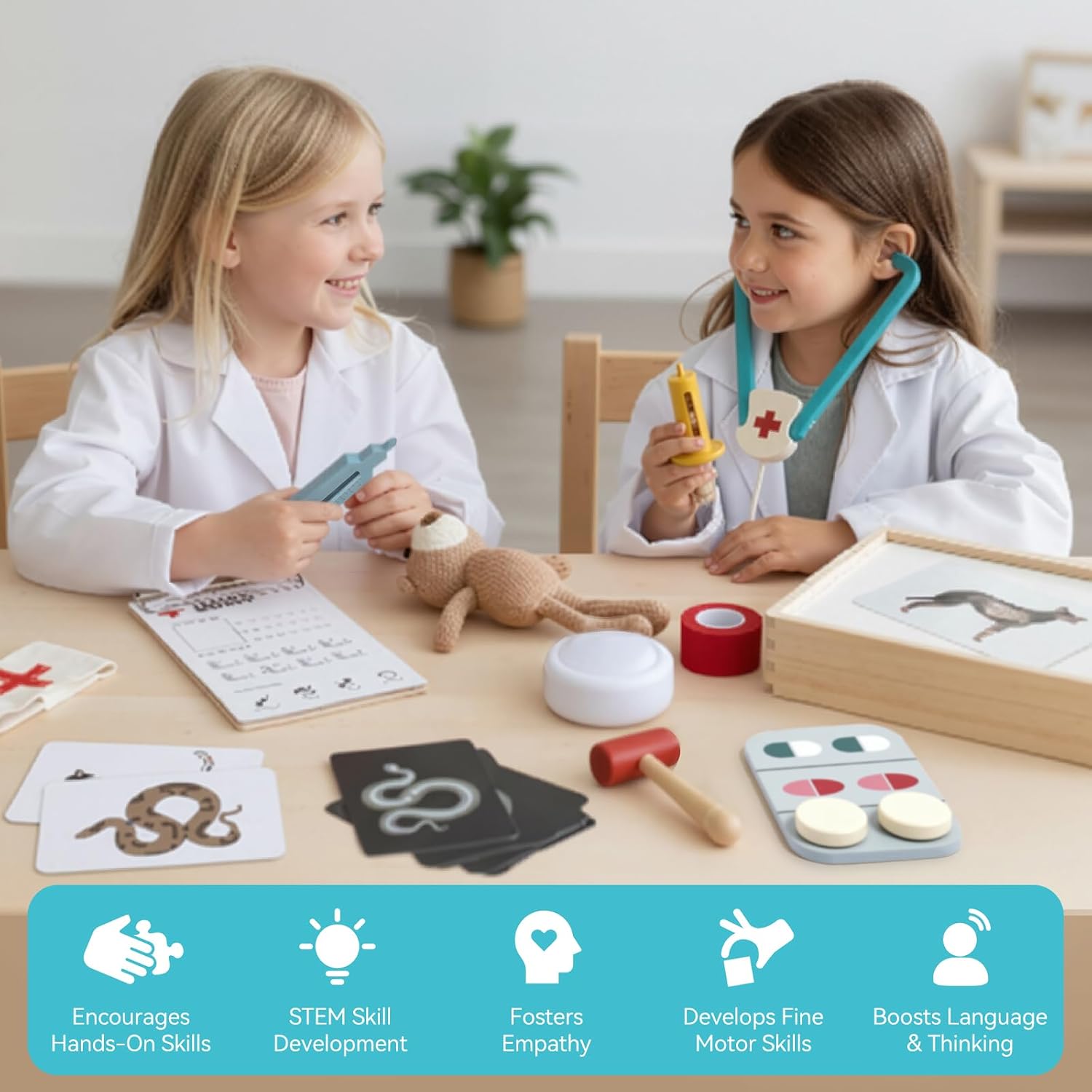 Macabaka Doctor Kit for Toddlers 3-5, Pet Vet Pretend Play Toys for Kids, with X-Ray, Wooden Light Box, Medical Tools, STEM Educational Montessori Toys - Image 5