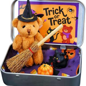 Halloween Bear in a Box for Trick or Treat, Witch Teddy Bear in Box, with Witch Wizard Blanket Broom Cape Pumpkin & Cat,They are the Perfect, Fun mini Halloween Party Toys for Boys and Girls. (Brown)