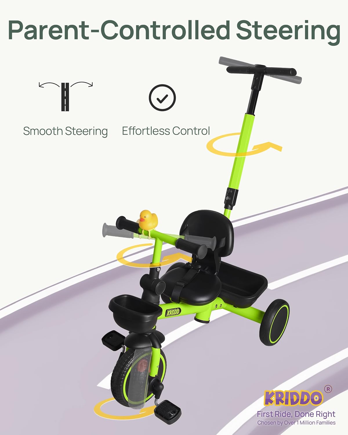 KRIDDO 2-in-1 Tricycle for Toddlers 1.5-5 Years, Push Tricycle with Parent Steering & Detachable Handle, 9-Stage Adjustable Handlebar, Toddler Trike with Safety Belt, Clutch Pedals & Dual Baskets, GN - Image 3