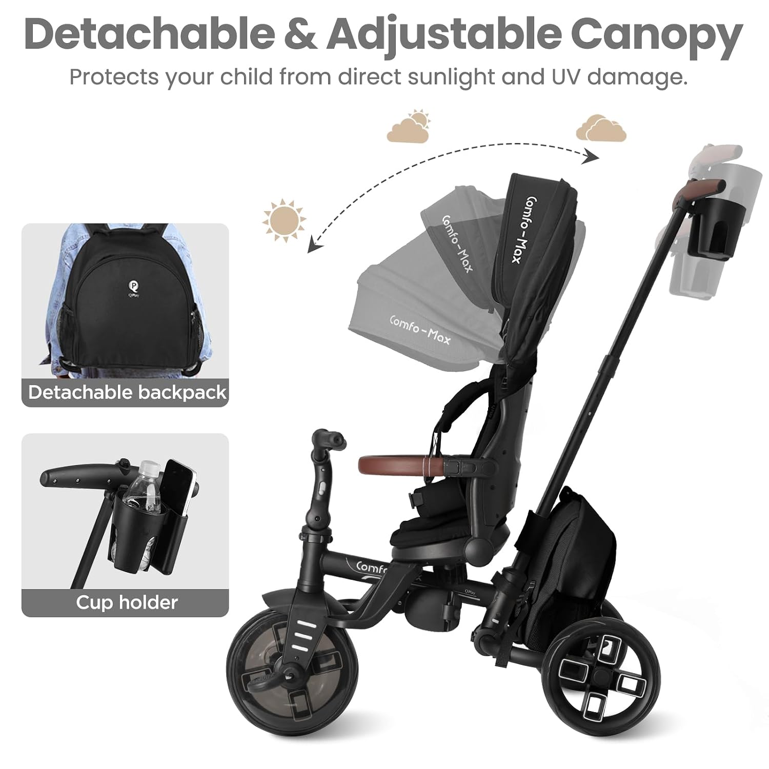 QPlay Toddler Bike Stroller for Baby 10 Months to 6 Years Old, 8-in-1 Foldable Stroller Bike for Toddlers 3-5 Boys & Girls Gifts Trike — Adjustable Handle, Triple Footrest, Canopy & Storage Bag - Image 5