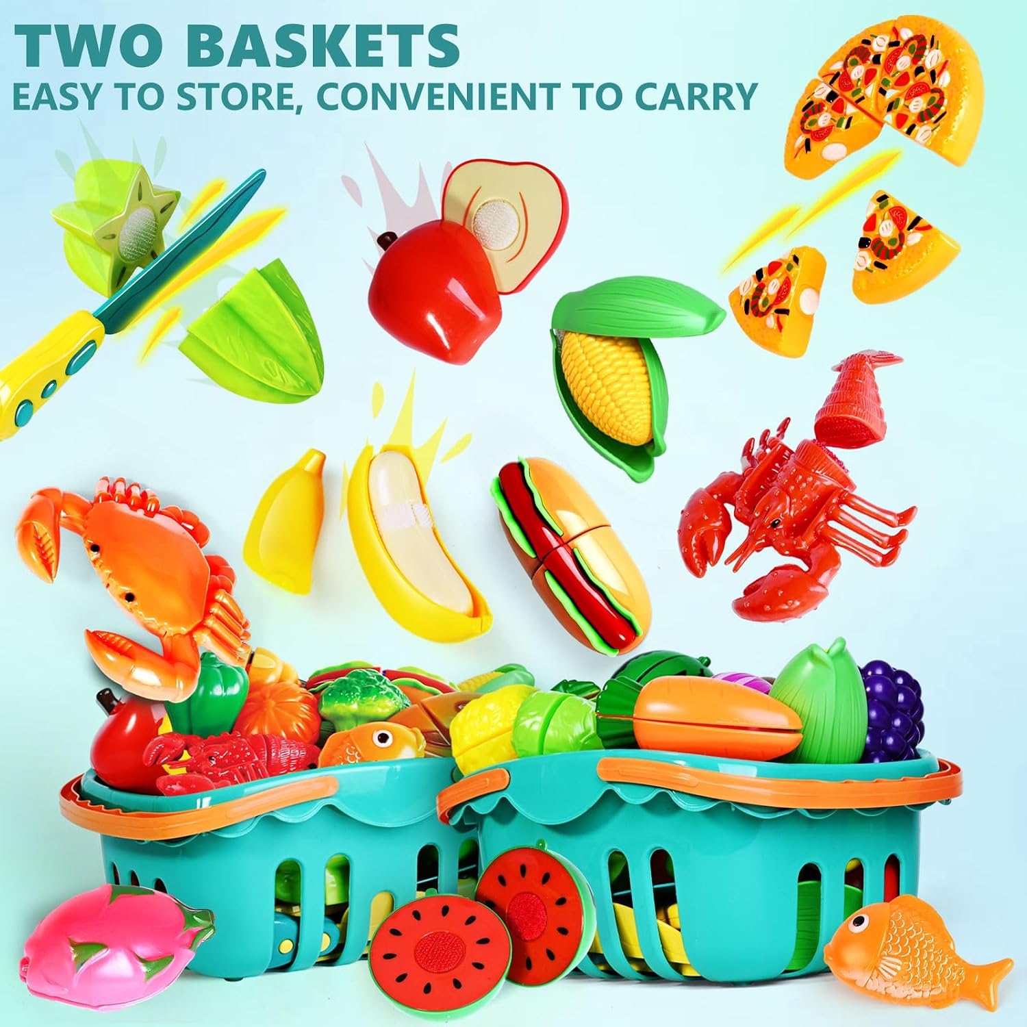 100 Pcs Play Food Set for Kids Kitchen, Pretend Food Toy for Toddlers Age 1-3, Plastics Cutting Fake Food/ Fruit/ Vegetable Accessories with 2 Baskets, Birthday Gifts for 2 3 4 5 Years Old Boys Girls - Image 3