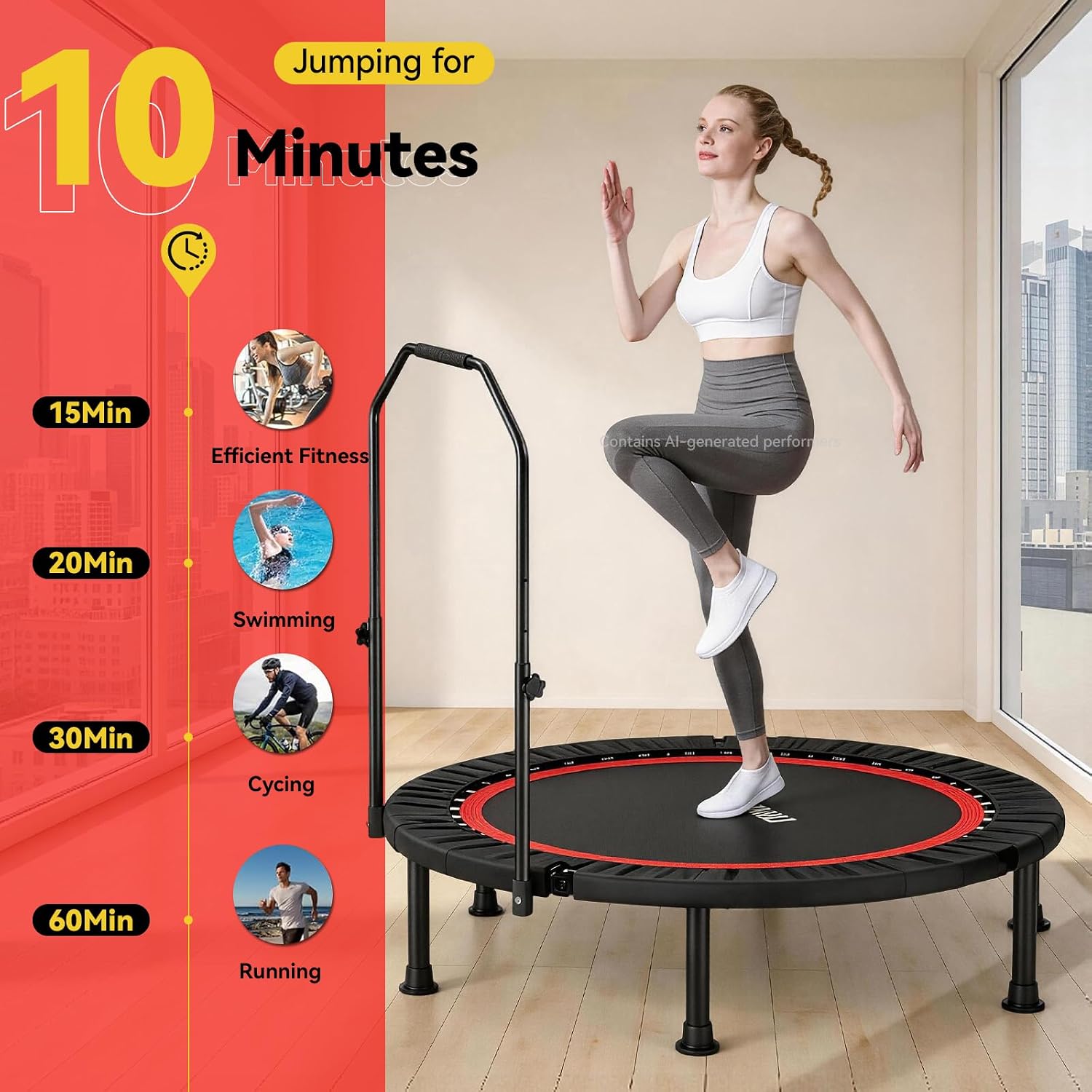 Trampoline, Portable Foldable Trampoline in-Home Mini Rebounder with Adjustable Handle, Exercise Trampoline for Adults, 40" Max Load 330lbs - Image 6