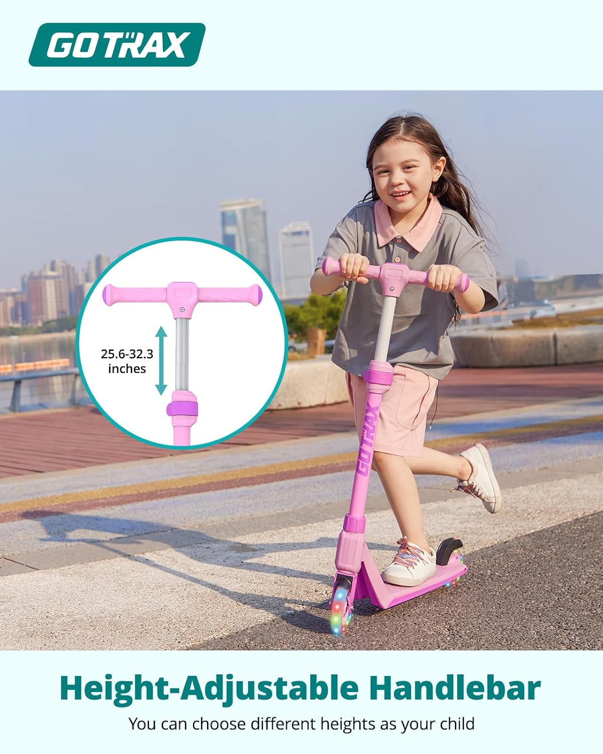 Gotrax K03 Kick Scooter for Kids, 5" LED Lighted Wheels and Adjustable Handlebars, Lightweight Design and Anti-Slip Deck, Max Load 110 Lbs, Kids Scooter for Boys & Girls Ages 3+, Pink - Image 3