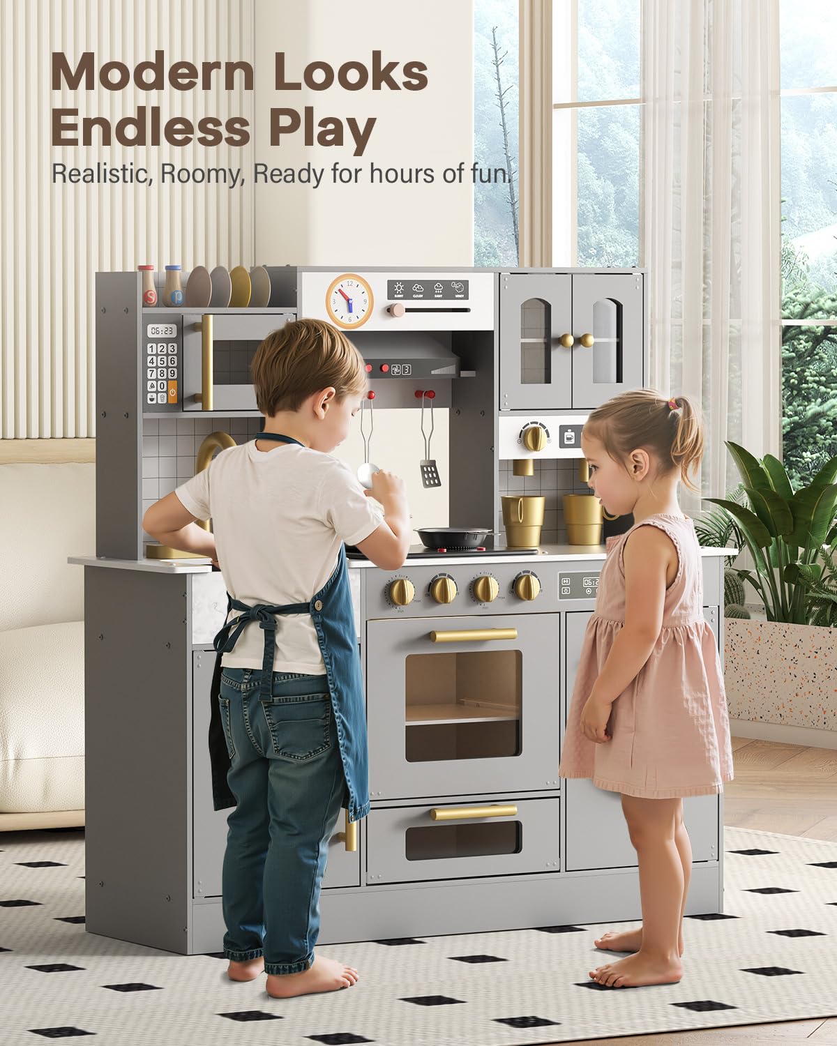 BIERUM Wooden Play Kitchen for Kids Ages 3-8 with Lights & Sounds, Pretend Play Kitchen Set with Stove, Ice Maker, Coffee Maker, Oven & Accessories, Toddler Kitchen Playset for Boys and Girls (Gray) - Image 2