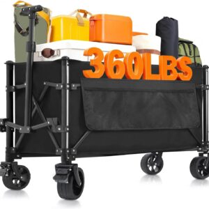 Favoyard Collapsible Wagon Carts Foldable 150L & 360LBS Portable Folding Wagons with All-Terrain Wheels & Brakes Heavy Duty Outdoor Utility Cart for Grocery Camping Shopping Sports Garden, Black