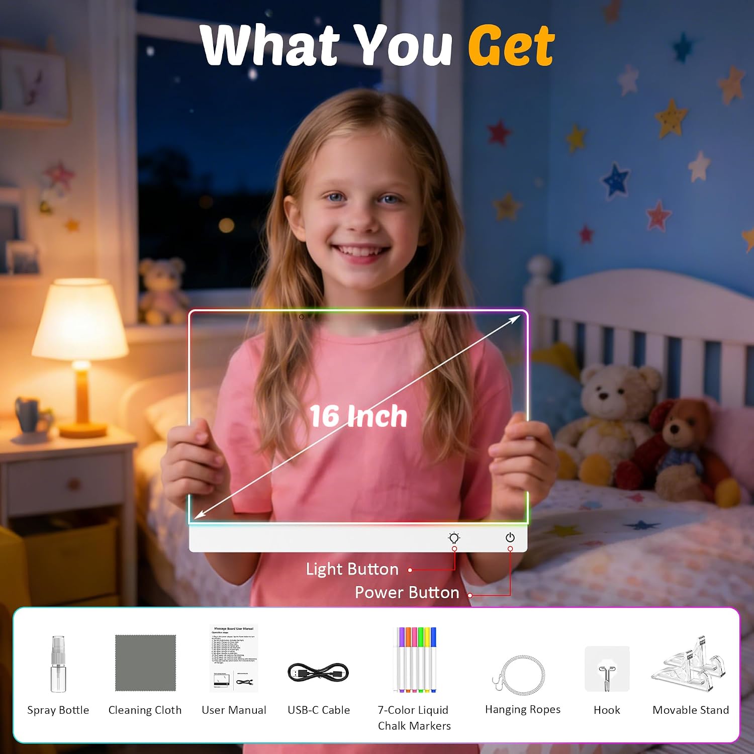 Rechargeable LED Drawing Board for Kids, 16-Inch Light Up Drawing Tablet with 7 Colors & Dimming, Arts Supplies Crafts for Kids Ages 3-8, Birthday Gifts for Girls Boys Age 5-10 - Image 7