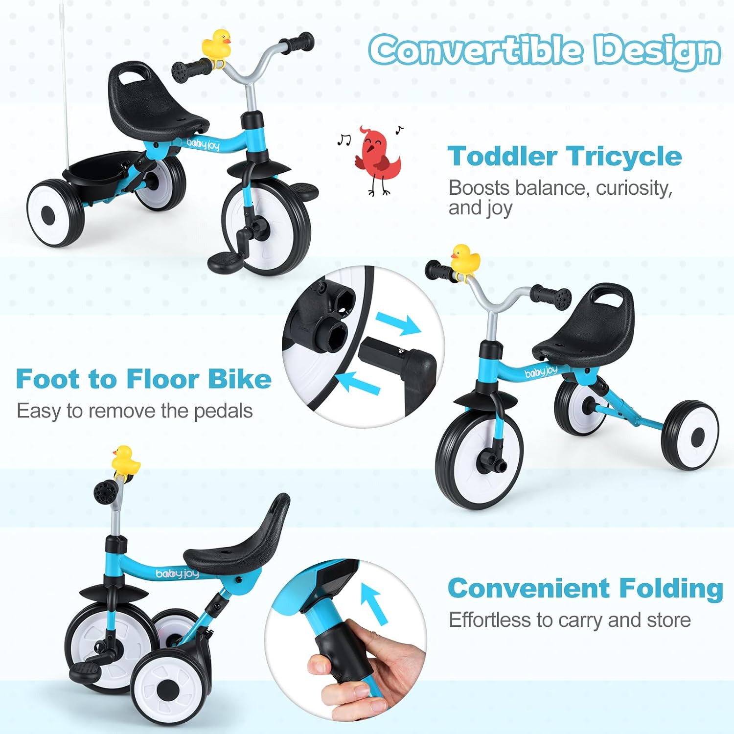 BABY JOY Toddler Bike, Folding Kids Tricycle w/Glowing Wheels, Flag, 3-Position Seat, Storage Basket & Squeaky Duck, Baby Trike Balance Bike for 1-3 Years Old Boys Girls Outdoor Play (Blue) - Image 3