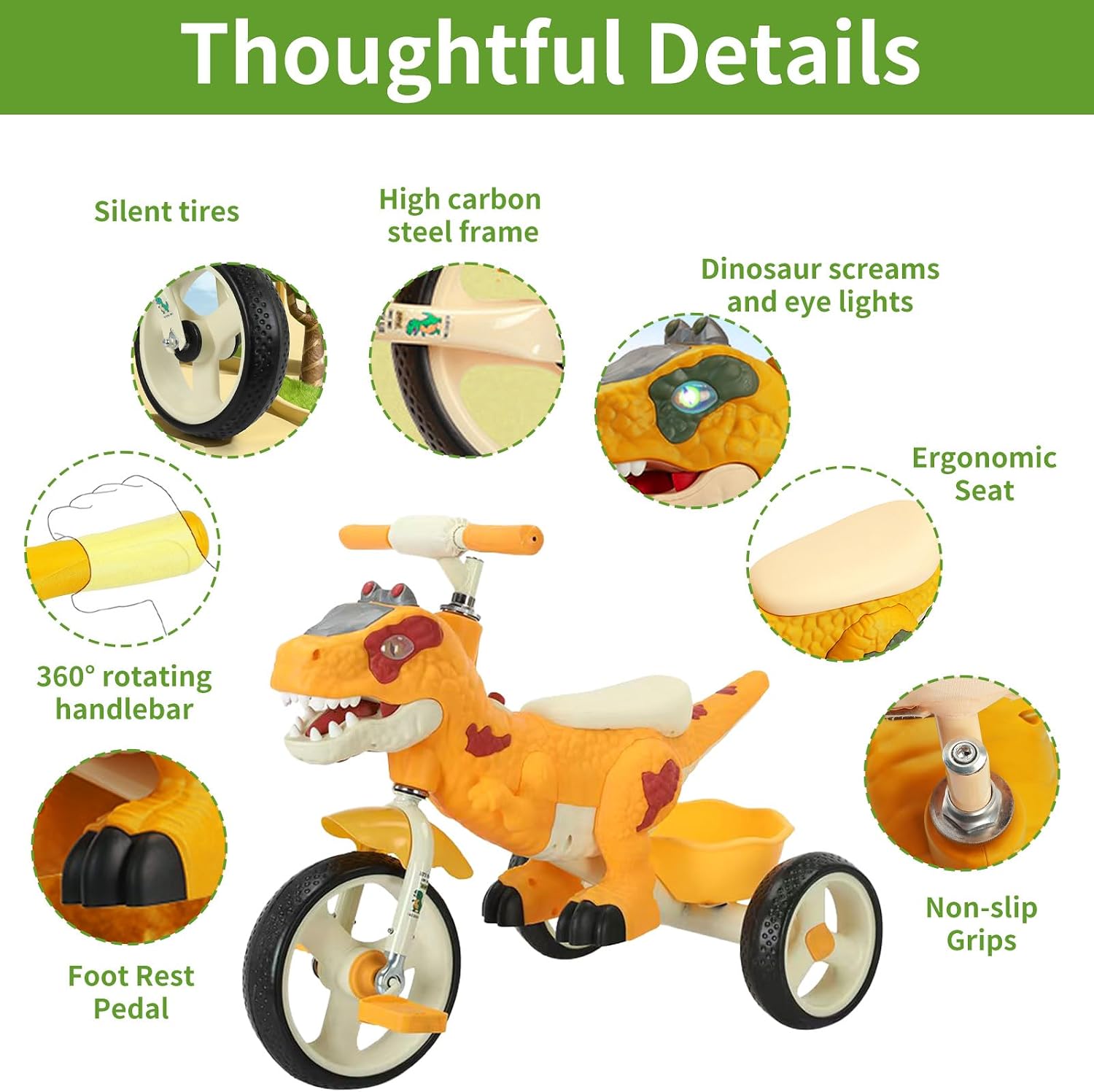 Dinosaur Kids Tricycle for Rider, Toddlers 2-6 Years - Trike Bike with Music, LED Lights, Storage Basket & Rubber Wheels | Indoor/Outdoor Big Wheels Bike Gift for Boys & Girls (Yellow) - Image 4