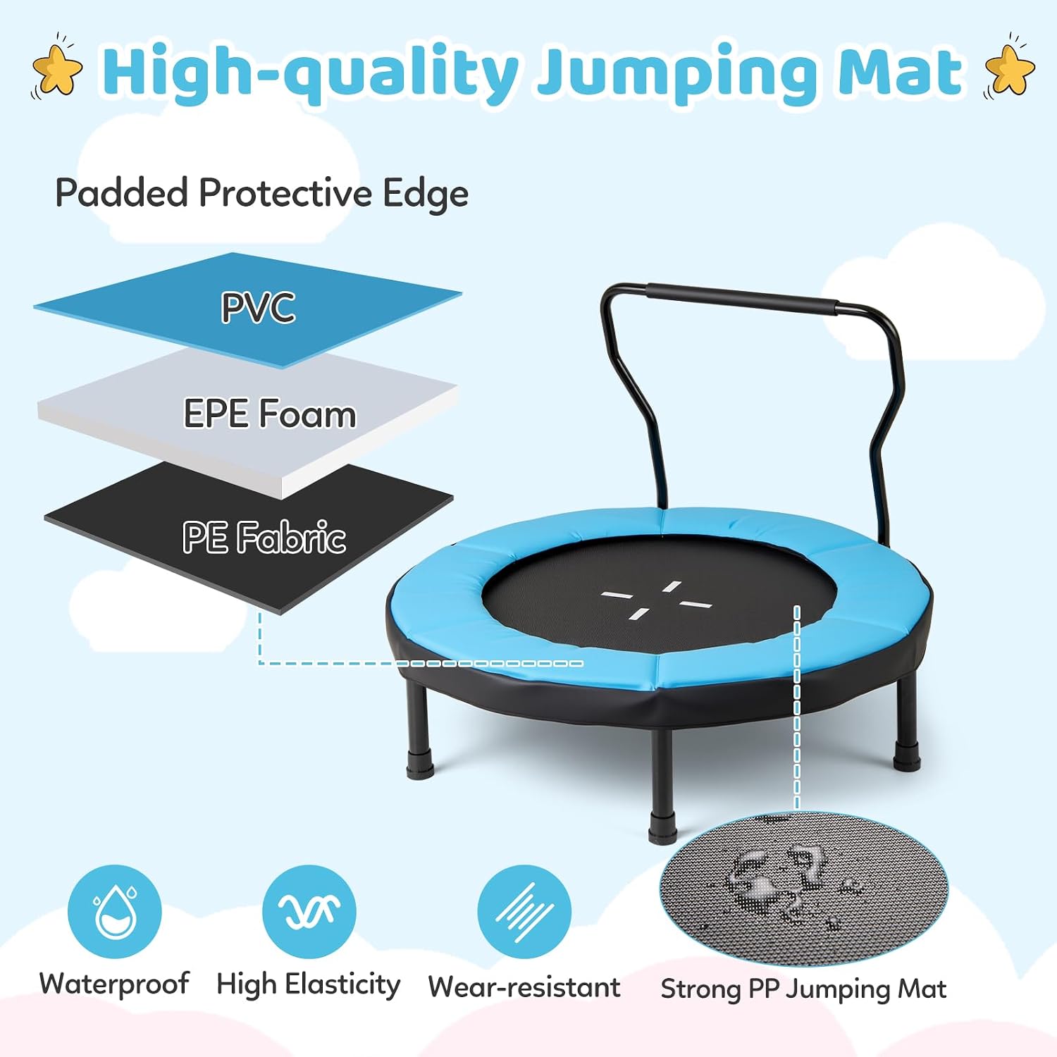 Goplus 40" Mini Trampoline for Kids, Indoor/Outdoor Fitness Trampoline with Foam Handlebar & Safety Pad, Home Workout Equipment for 3-6 Years Old Toddlers, Gift for Boys & Girls - Image 3