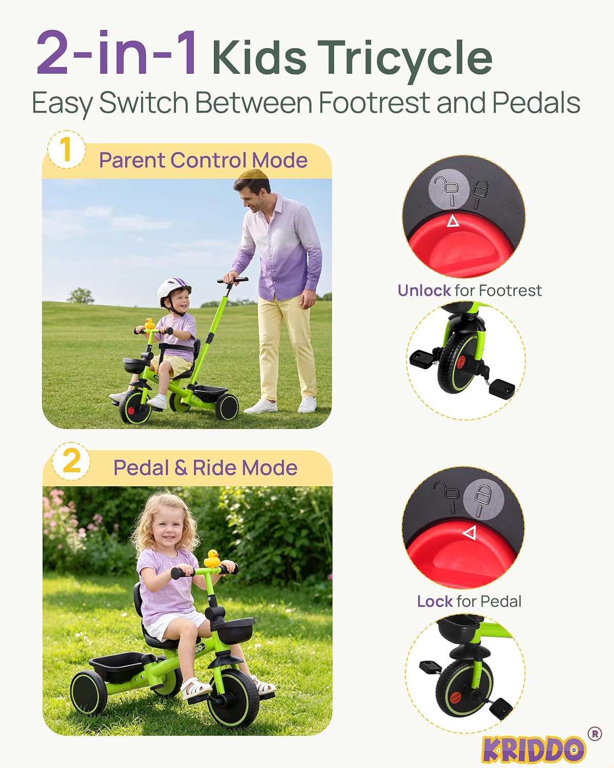 KRIDDO 2-in-1 Tricycle for Toddlers 1.5-5 Years, Push Tricycle with Parent Steering & Detachable Handle, 9-Stage Adjustable Handlebar, Toddler Trike with Safety Belt, Clutch Pedals & Dual Baskets, GN - Image 2