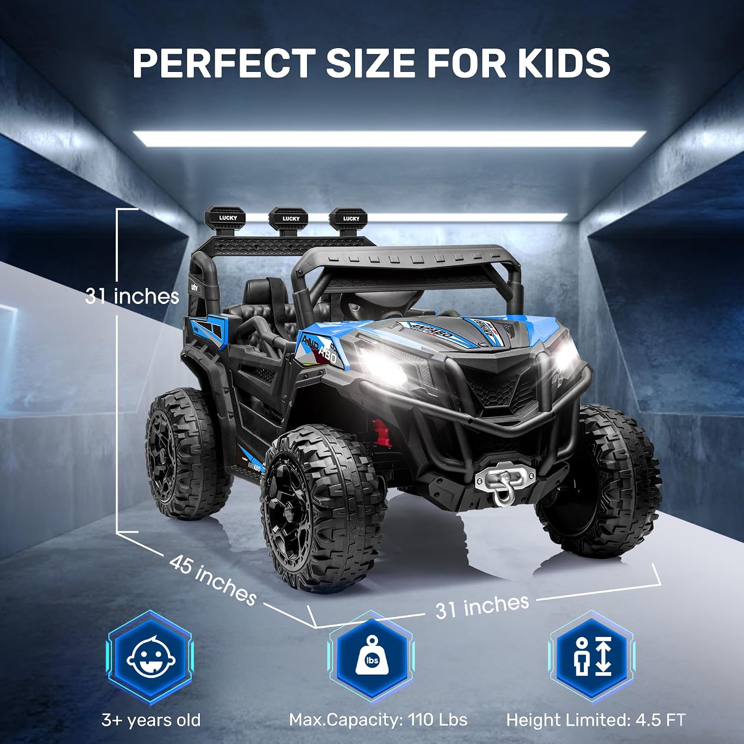 ANPABO 24 Volt Ride on Toys for Boys w/Remote Control, 4X75W Motors, Max 4.5MPH, 4WD/2WD Switchable, 4 Shock Absorbers, 19" Spacious Seat, Bluetooth, Electric Car for Kids (Blue) - Image 7