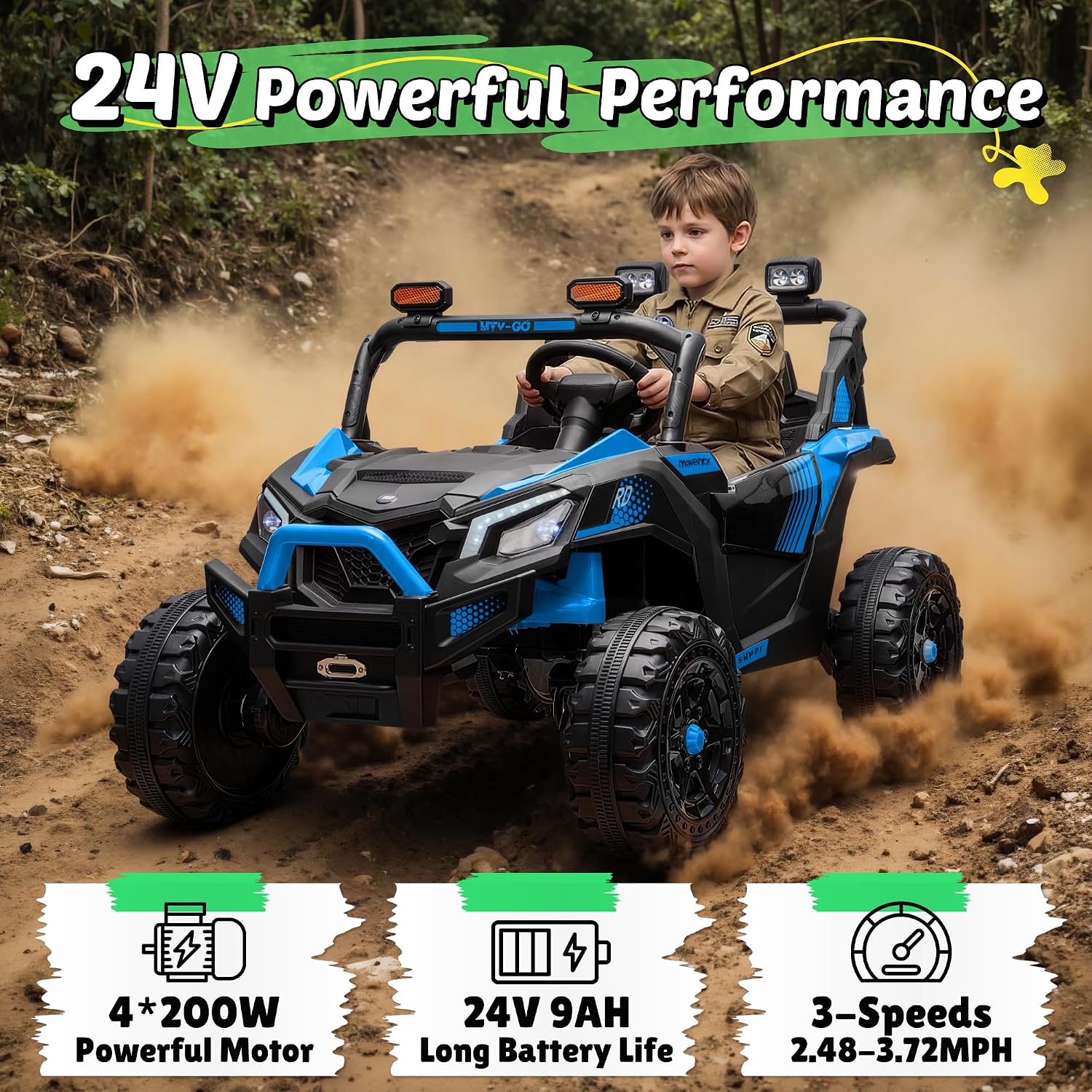 24V Ride on Car 2 Seater Ride on Toys for Big Kids 4WD 4X200W Off-Road Powerful UTV Ride on Truck Electric Vehicle Birthday Gift for Boys & Girls Ages 3-8, Blue - Image 2