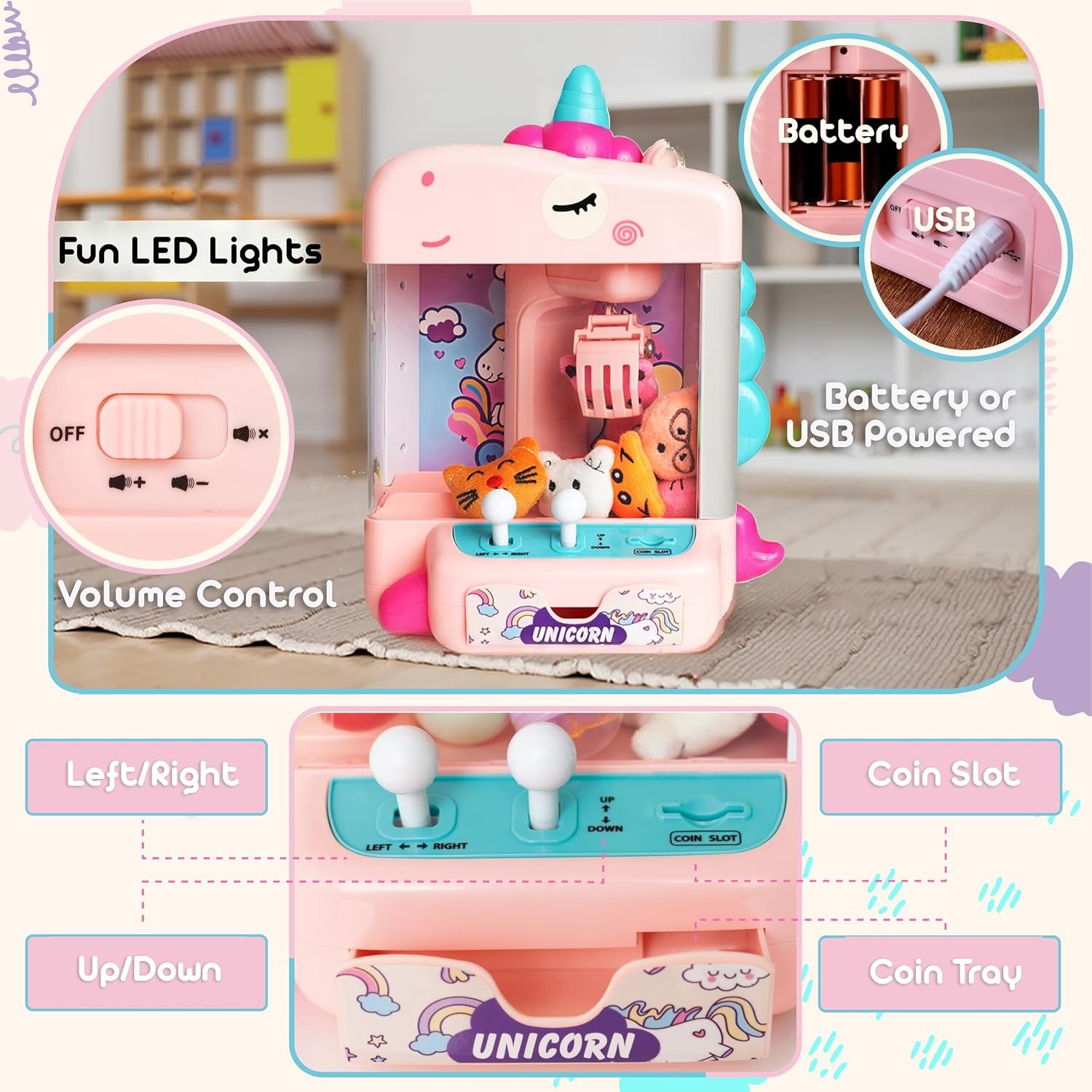Claw Machine for Kids - Mini Arcade Game - Vending Machine - Candy Grabber Toys - Silent Mode, Lights, USB - Plush Toys & Easter Eggs, Surprise Stickers - Fun Gift for Kids, Boys & Girls (Unicorn) - Image 5
