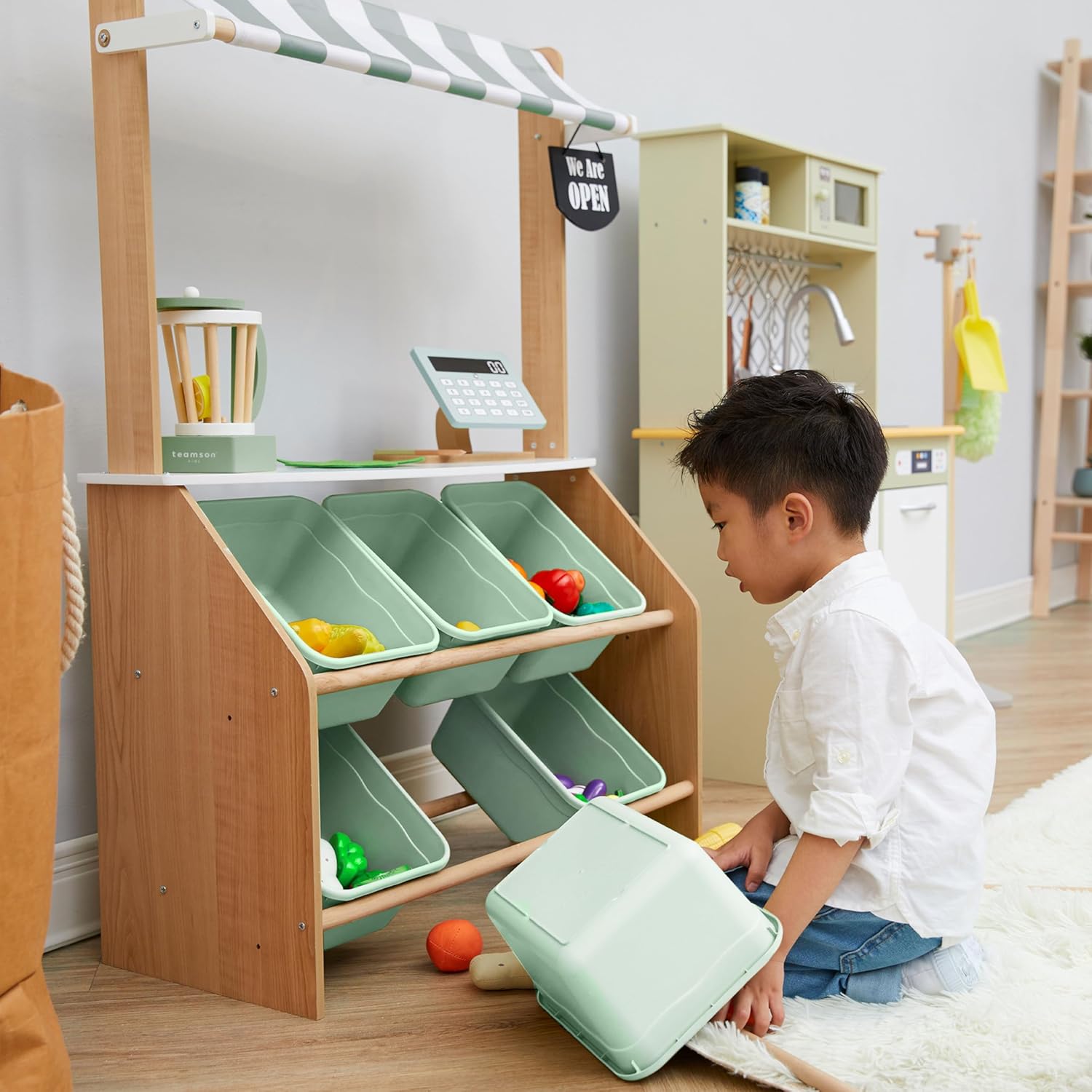 Teamson Kids Little Helper Wooden Farmer's Market Stand with Pretend Cash Register and 6 Plastic Storage Bins, Green, TD-13638A-AMZ | Pretend Grocery Store Playset, Cash Register Toy, 6 Storage Bins, Awning, Ages 3+ - Image 6
