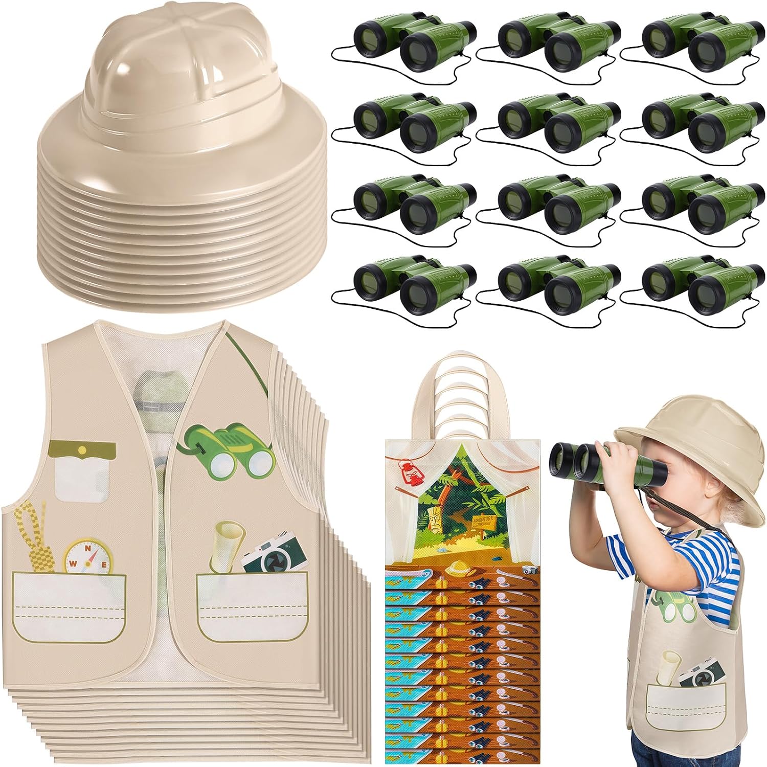 Haysandy 48 Pcs Kids Explorer Costume Set Include Plastic Explorer Safari Hats Jungle Party Vest Safari Tote Bag Adventure Binoculars for Kids Activities Jungle Zoo Birthday Party Supplies Favors