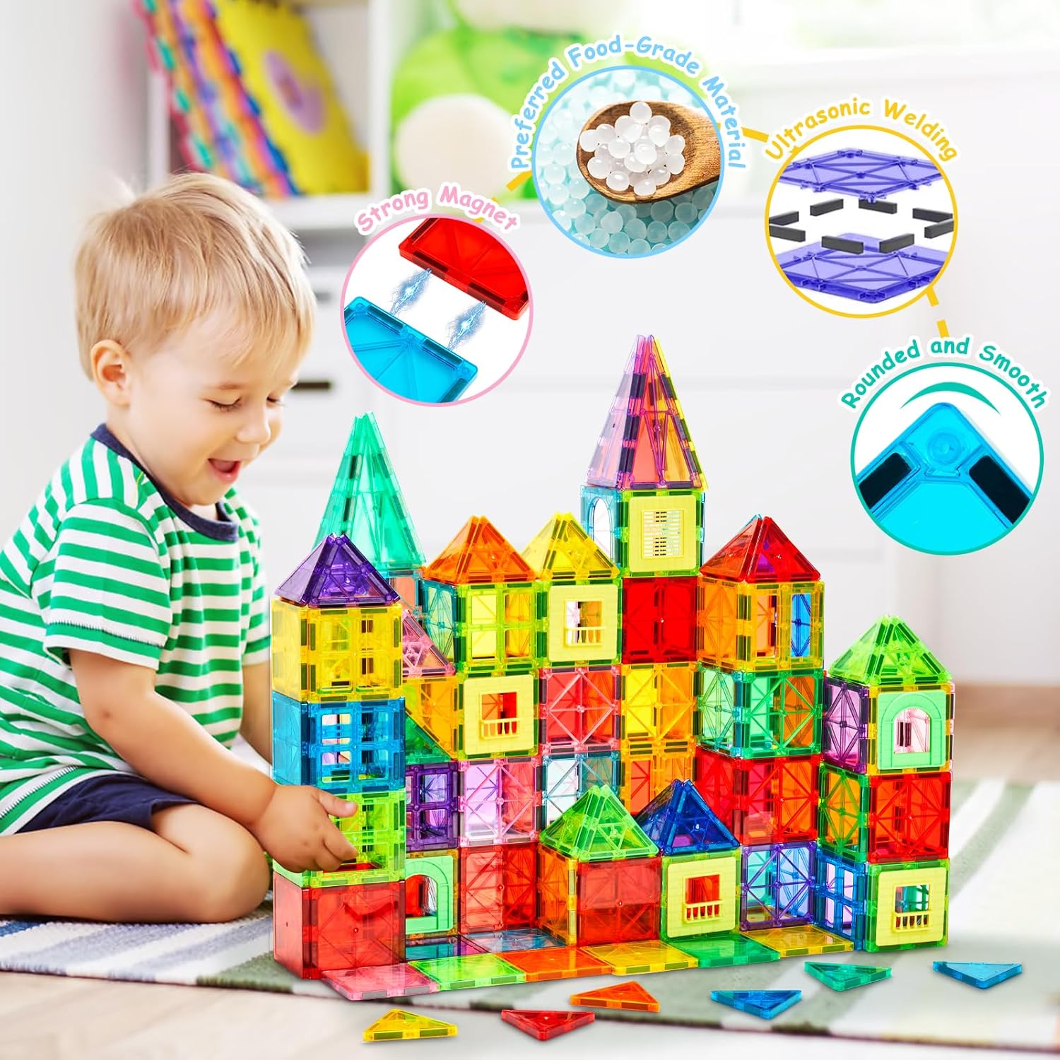 Dopyye 132 PCS Magnetic Tiles Building Blocks with 2 Cars, STEM Educational Construction Montessori Toys for Kids Ages 3 4 5 6 7 8 9, Magnet Building Set Gift for Boys Girls - Image 3