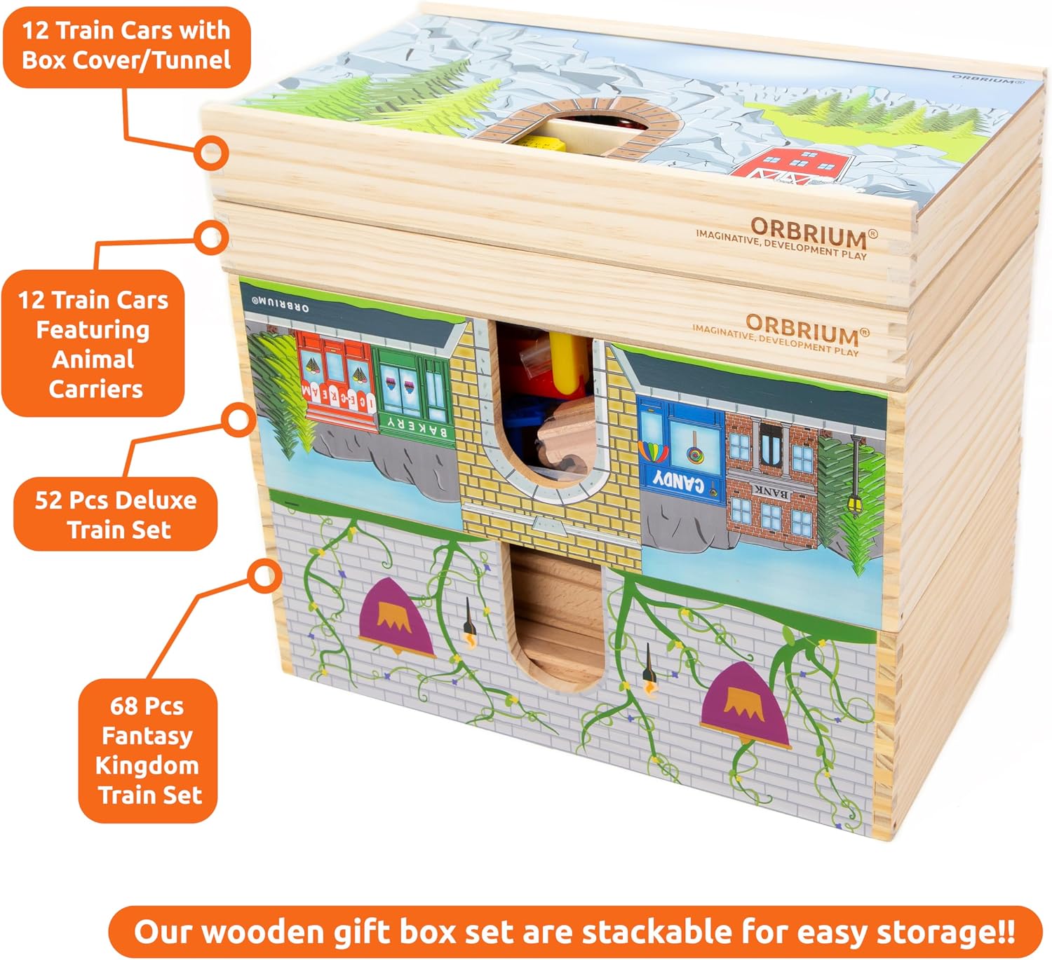 Wooden Train Set 68 PCS Castle Dragon Unicorn Fantasy Kingdom Adventure Playset w/Storage Box Train Toys for Girls Toddlers Grandkids Kids Compatible with Thomas Brio Melissa and Doug - Image 9