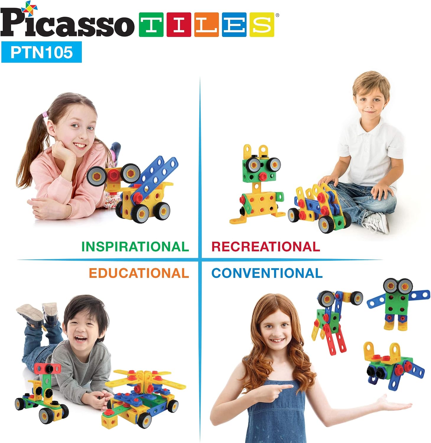 PicassoTiles STEM Learning Toys 105 Piece Building Block Set Kids Construction Engineering Kit Toy Blocks Children Early Education Playset w/IdeaBook, Power Drill, Clickable Ratchet, Age 3+ PTN105 - Image 6