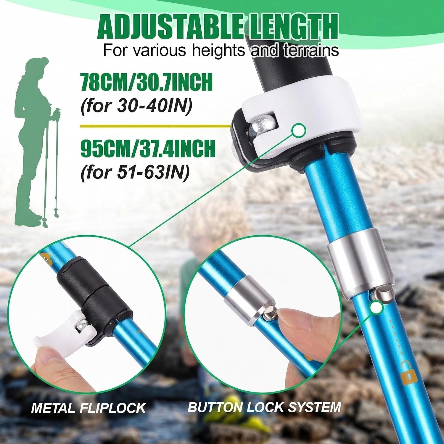 Trekking Poles - Lightweight Collapsible Kids Hiking Poles - Retractable Kids Hiking Stick, Telescoping Aluminum Trekking Poles 2 Pack, Adjustable Ski Poles - Image 6