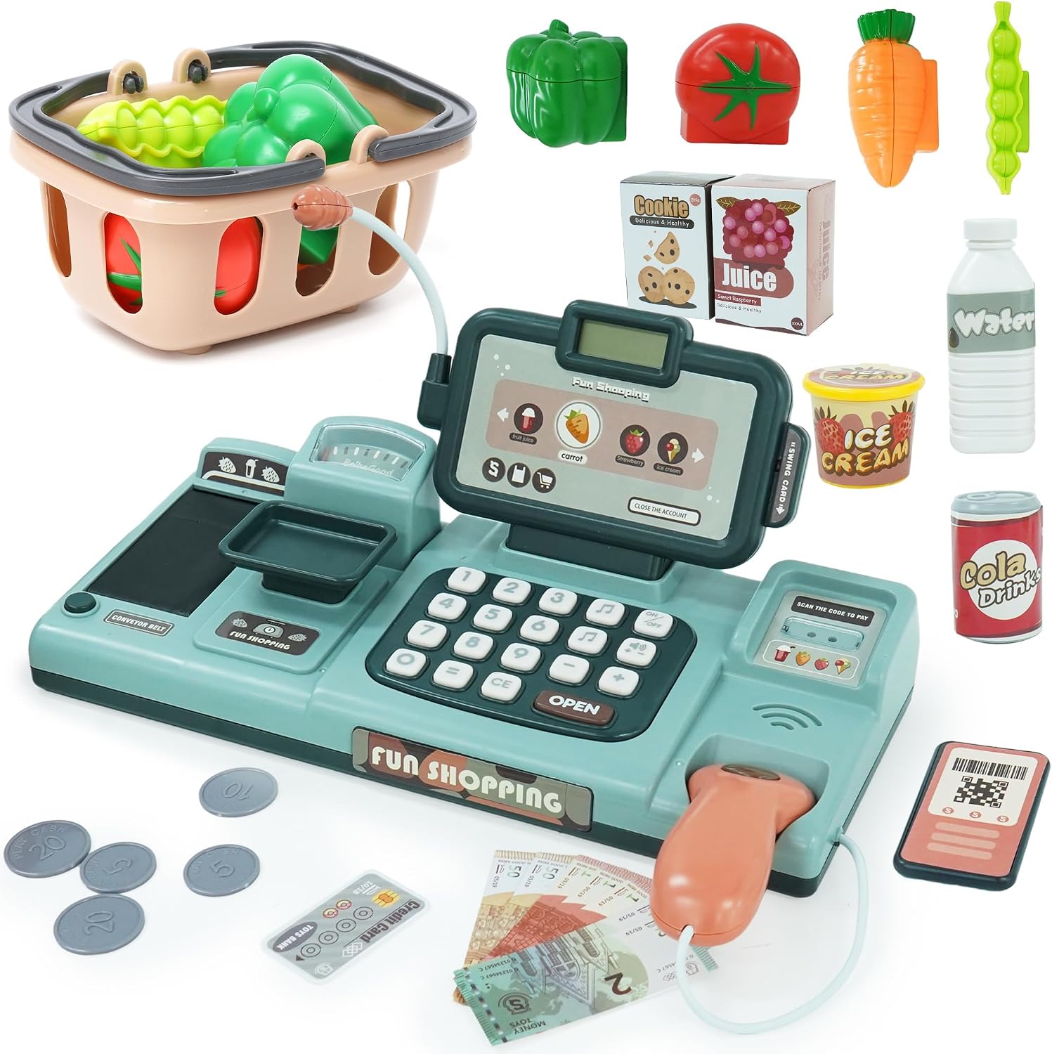 Kids Cash Register Toy with Sound Scanner - Pretend Play Shopping Set Include Food, Shopping Basket, Play Money & Credit Card, Ideal Gift for Boys Girls Ages 3-8