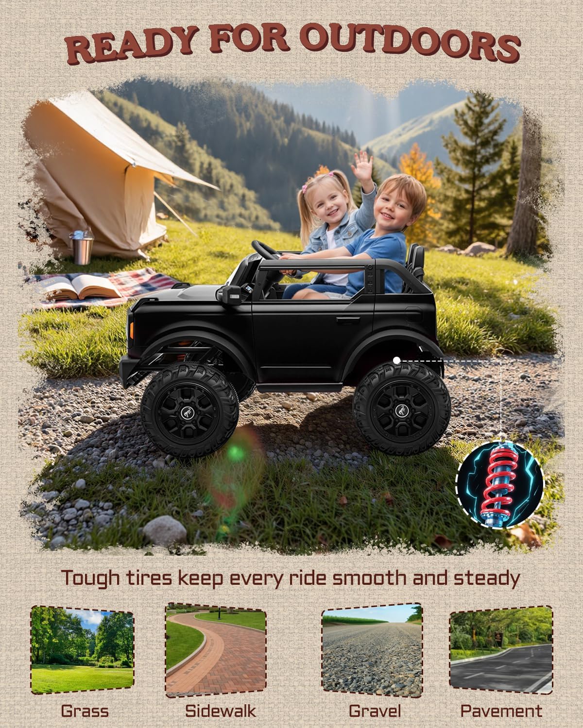 First Ride On 24V Ride on Toys for Big Kids, 2 Seater Licensed Ford Bronco Base Ride on Car, Electric Car for Kids with Parent Remote Control, Bluetooth, Seat Belts, Spring Suspension and LED (Black) - Image 6