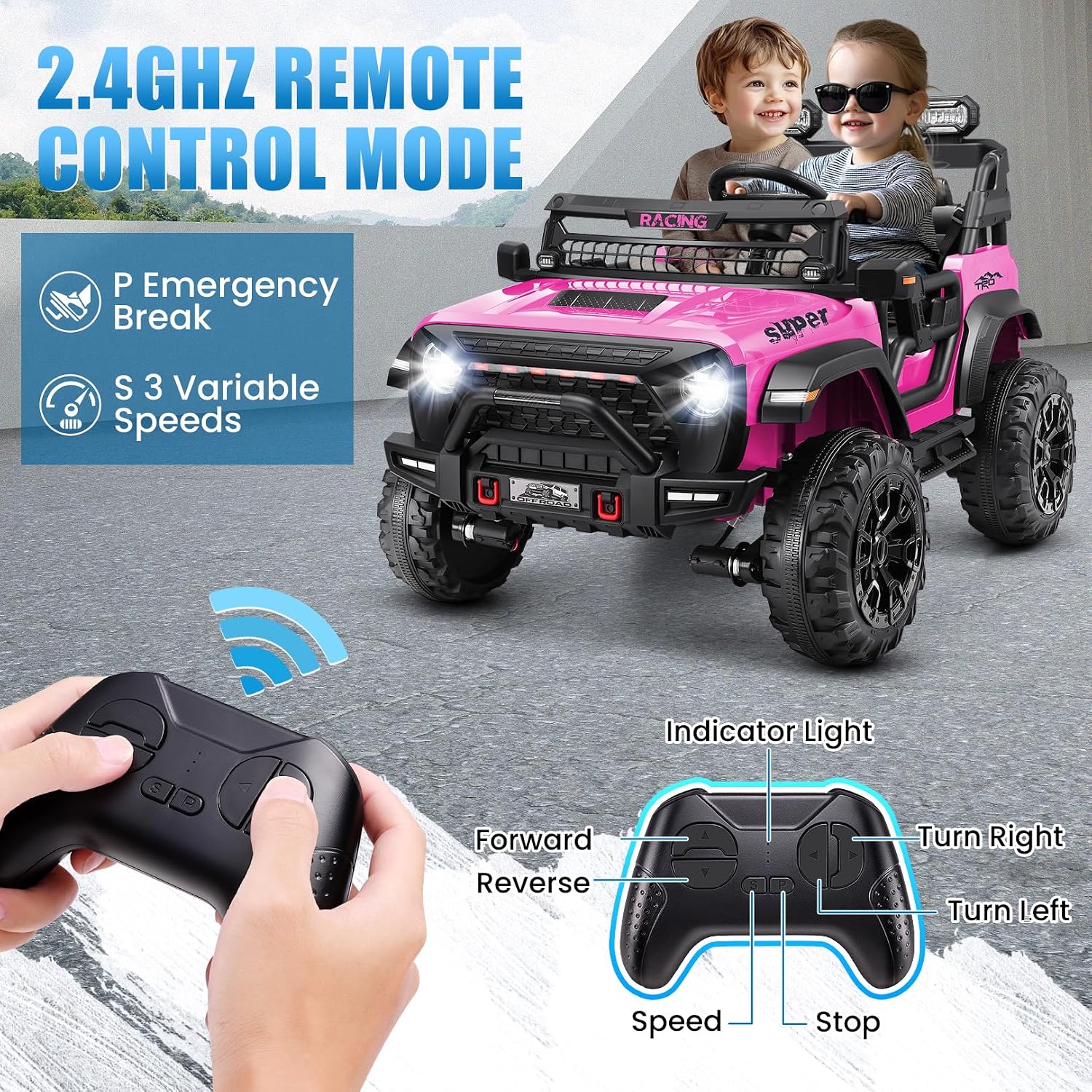 Hikole 24V Ride on Toys for Kids, 2 Seater Electric Car with Remote Control, 9AH Battery, 4×4 Powered Wheels, 20" Wide Two Seat, Speed up to 5 MPH, Suspension, Music, 24 Volt Toy for Girls, Pink - Image 6