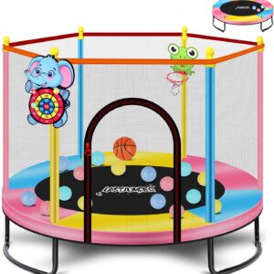 Mini Trampoline for Kids & Toddlers, Ages2-10 | Indoor & Outdoor, with Safety Enclosure Net, Basketball Hoop & Ocean Balls, Birthday Gift for Boy,Girl
