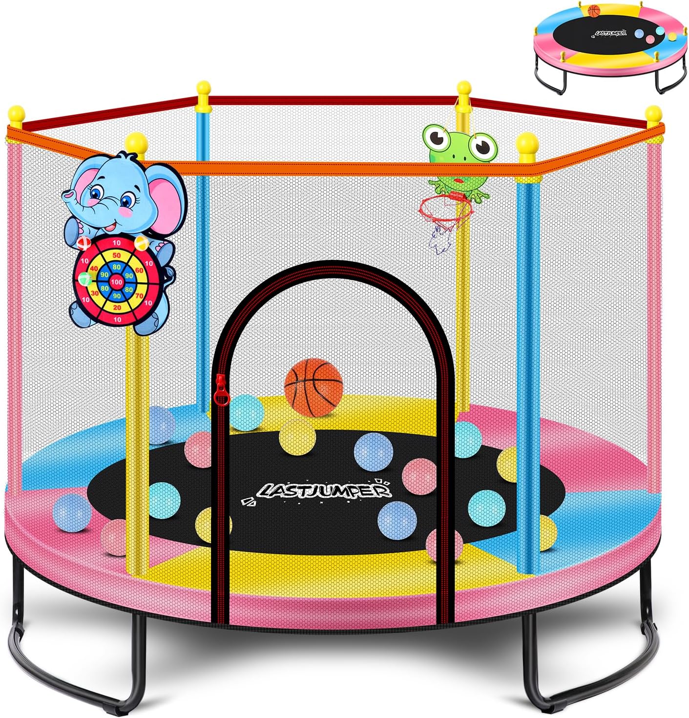 Mini Trampoline for Kids & Toddlers, Ages2-10 | Indoor & Outdoor, with Safety Enclosure Net, Basketball Hoop & Ocean Balls, Birthday Gift for Boy,Girl