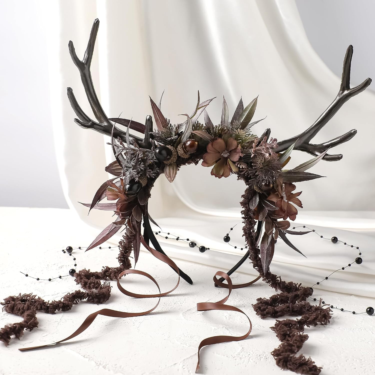 MOSTORY Flower Reindeer Headband for Women - Floral Antler Headpiece Woodland Deer Horns Hairband for Renaissance Cosplay - Image 7