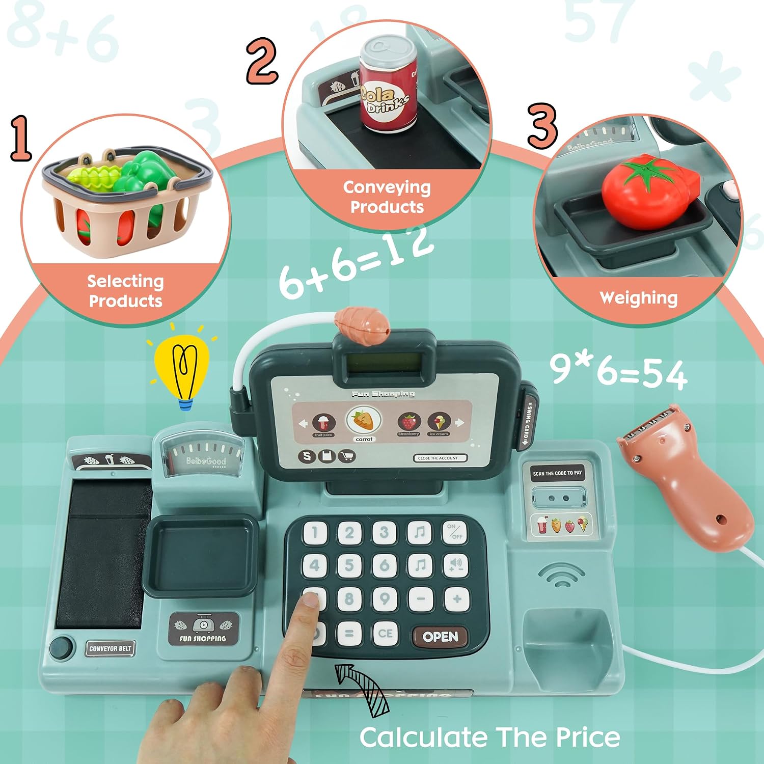 Kids Cash Register Toy with Sound Scanner - Pretend Play Shopping Set Include Food, Shopping Basket, Play Money & Credit Card, Ideal Gift for Boys Girls Ages 3-8 - Image 5