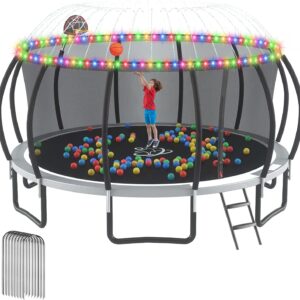Outdoor Trampoline Recreational Trampolines with Anti-Rust Coating, Enclosure Net, Light+Sprinkler, Ladder, Wind Stakes, Basketball Hoop, ASTM Approved Trampoline for 6-10 Kids/Adults