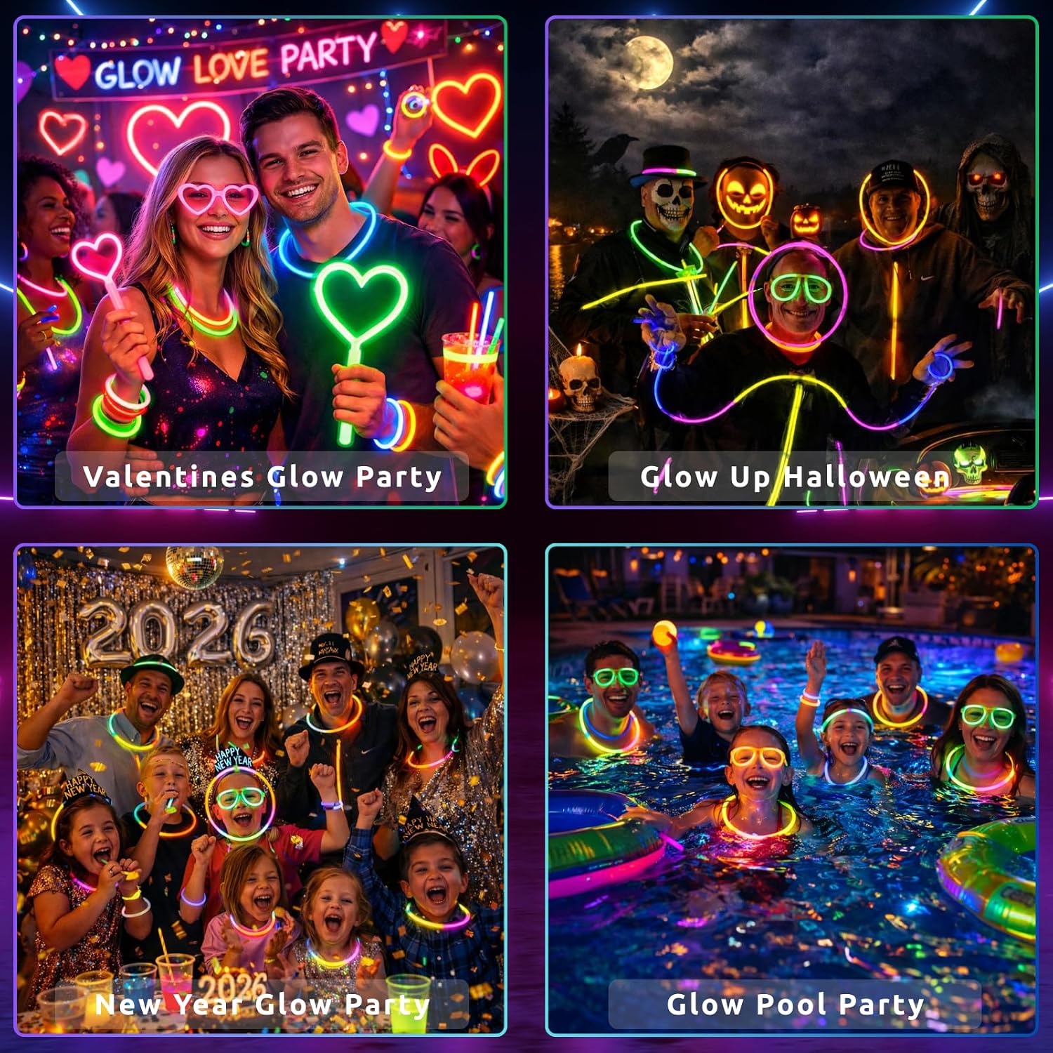 Ammy Glow Glow Sticks (205 Pcs Kit) Bulk Party Pack-100 Pack Glow Sticks with Connectors & Glasses- Party Favors for Kids 8-12- Neon Glow in The Dark Party Supplies for Birthdays & Events - Image 3