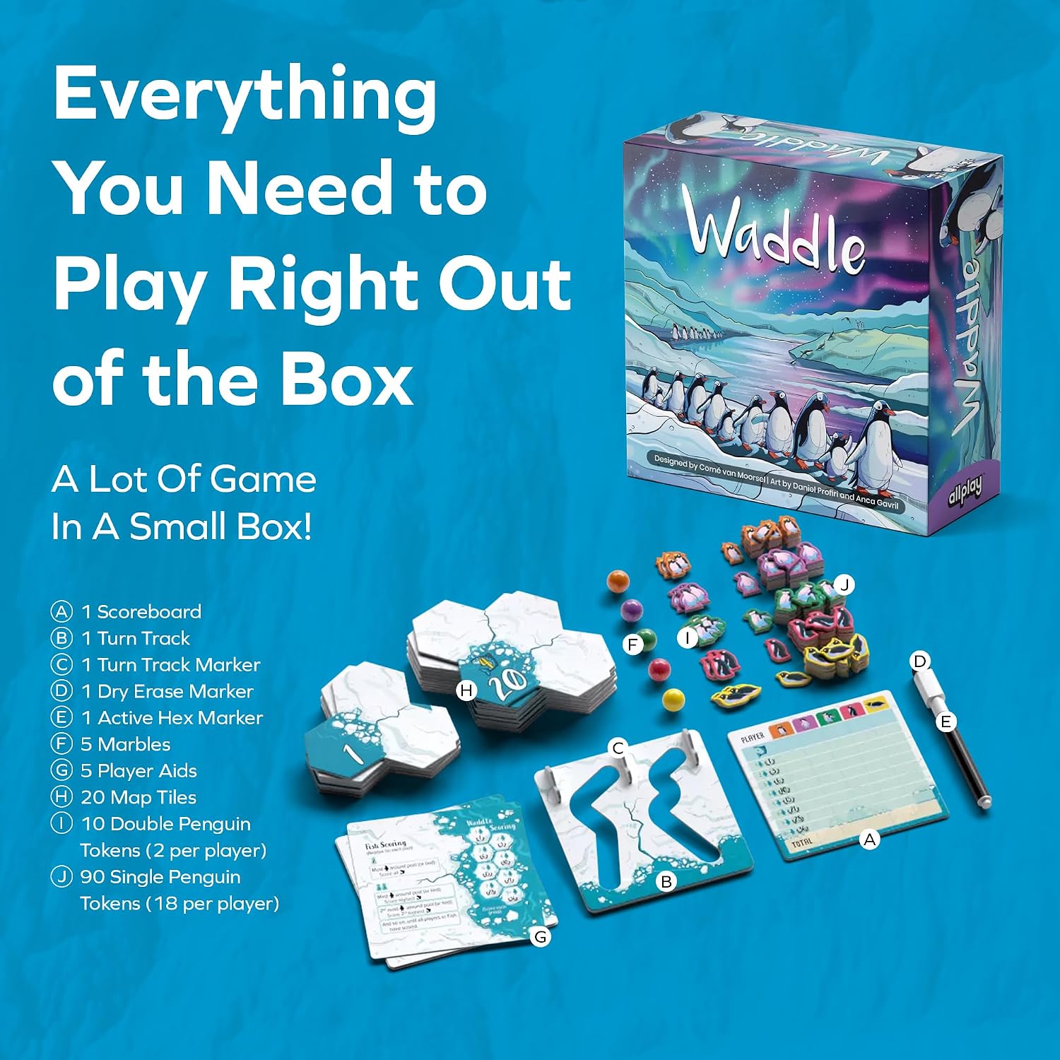 Allplay Waddle Board Game for Adults and Families - Connect Groups of Penguins to Claim The Most Fish - 1-Minute to Teach in A Small Box - 15 Min 2-5 Players Ages 7+ - Image 4