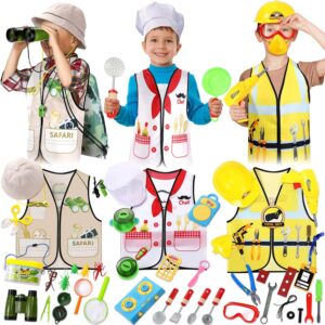 Deekin 3 Sets Kids Dress Up Clothes for Play Age 3-7 Ages, Toddler Dress Up Costumes Vest Role Play Community Helpers Construction Worker, Chef, Explorer for Boys Girls Costumes Accessories